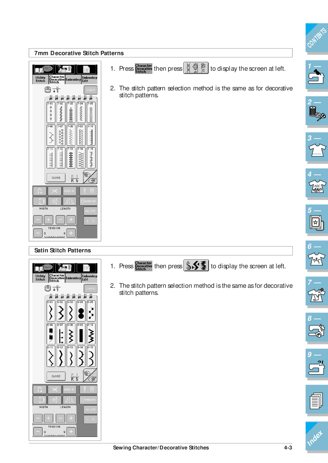 Brother ULT2002D operation manual 7mm Decorative Stitch Patterns, Satin Stitch Patterns 