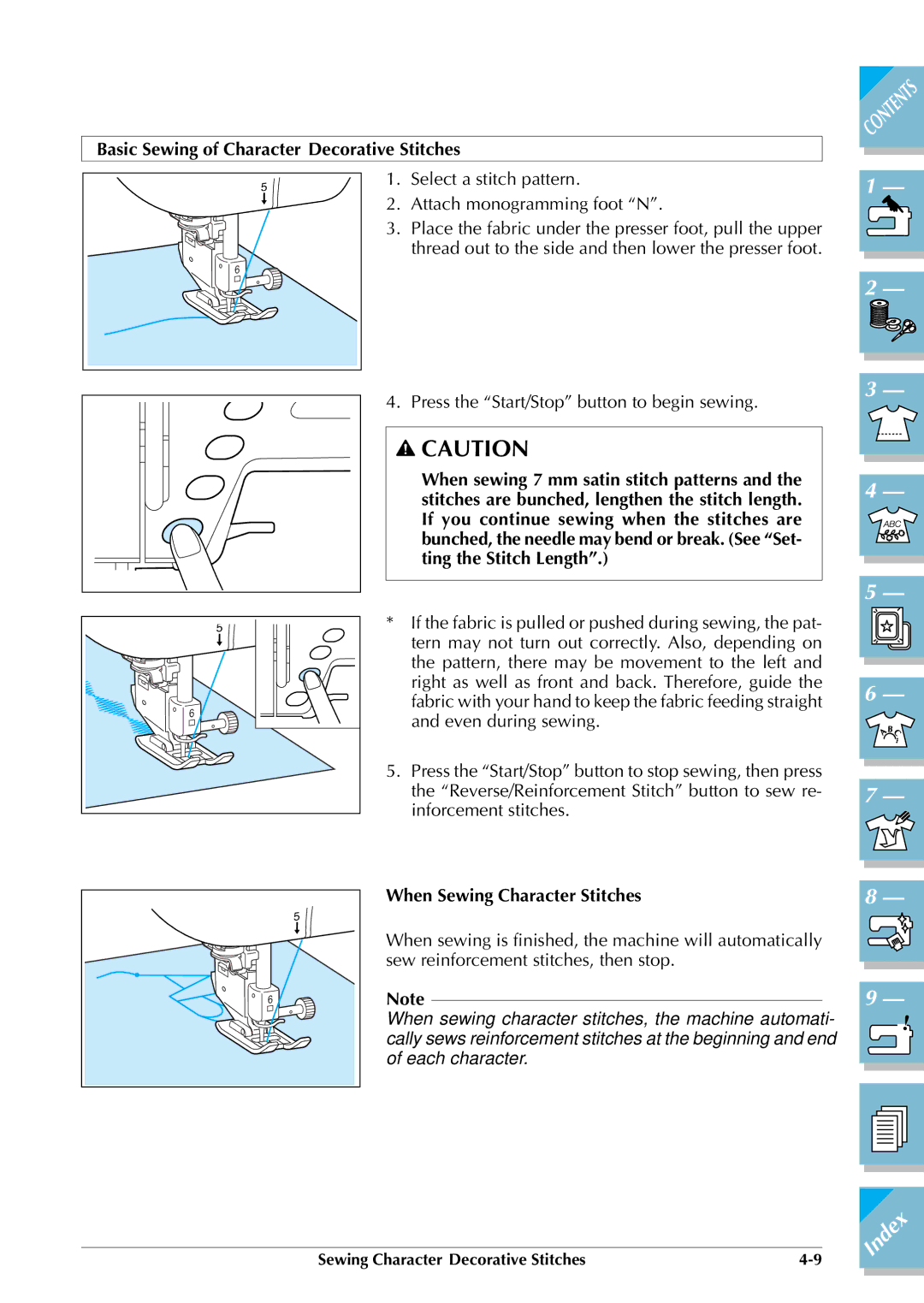 Brother ULT2002D operation manual Basic Sewing of Character/Decorative Stitches, When Sewing Character Stitches 