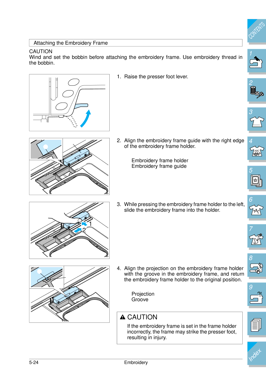 Brother ULT2002D operation manual Align the embroidery frame guide with the right edge 