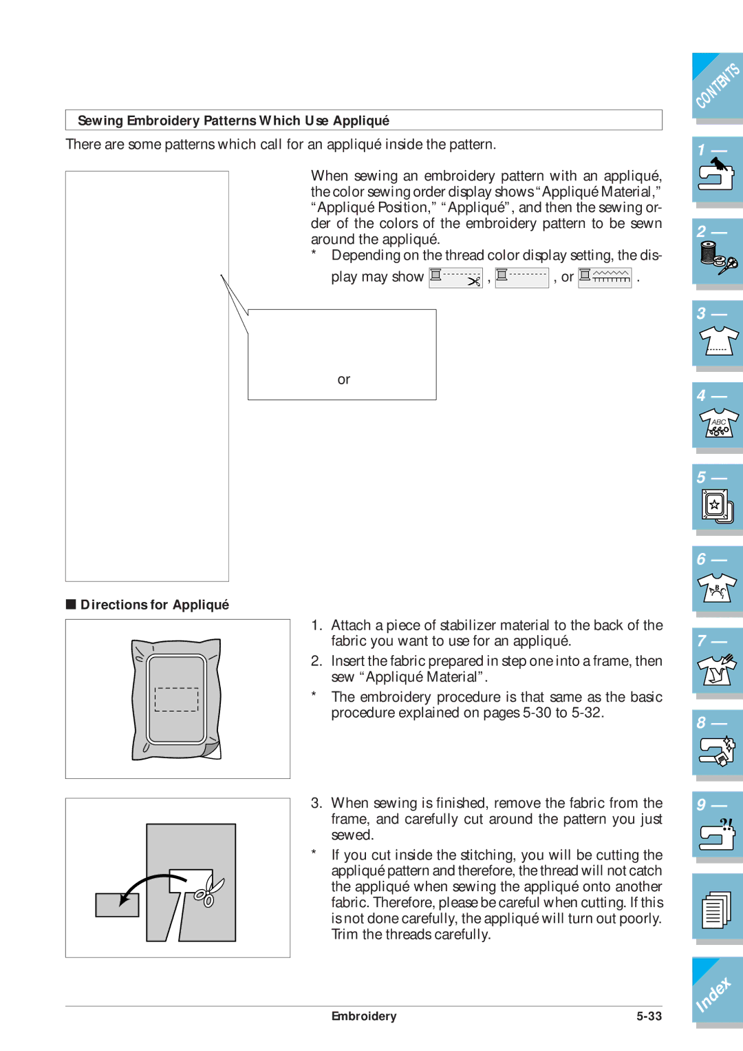 Brother ULT2002D operation manual Sewing Embroidery Patterns Which Use Appliqué, Directions for Appliqué 