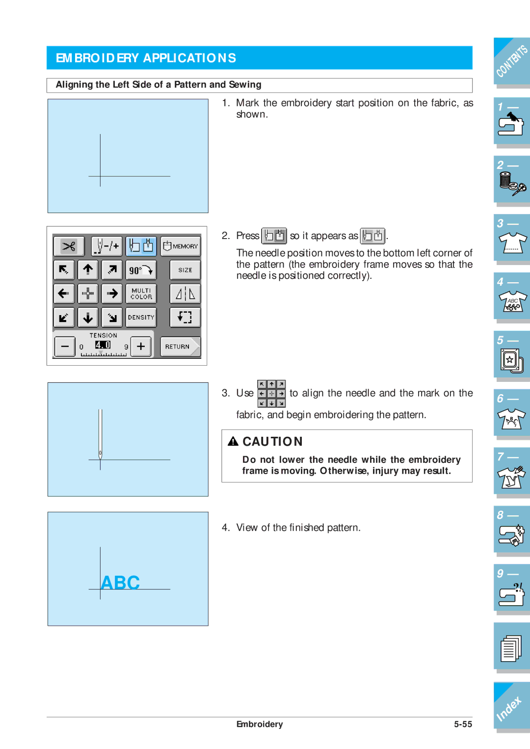 Brother ULT2002D operation manual Embroidery Applications, Aligning the Left Side of a Pattern and Sewing 