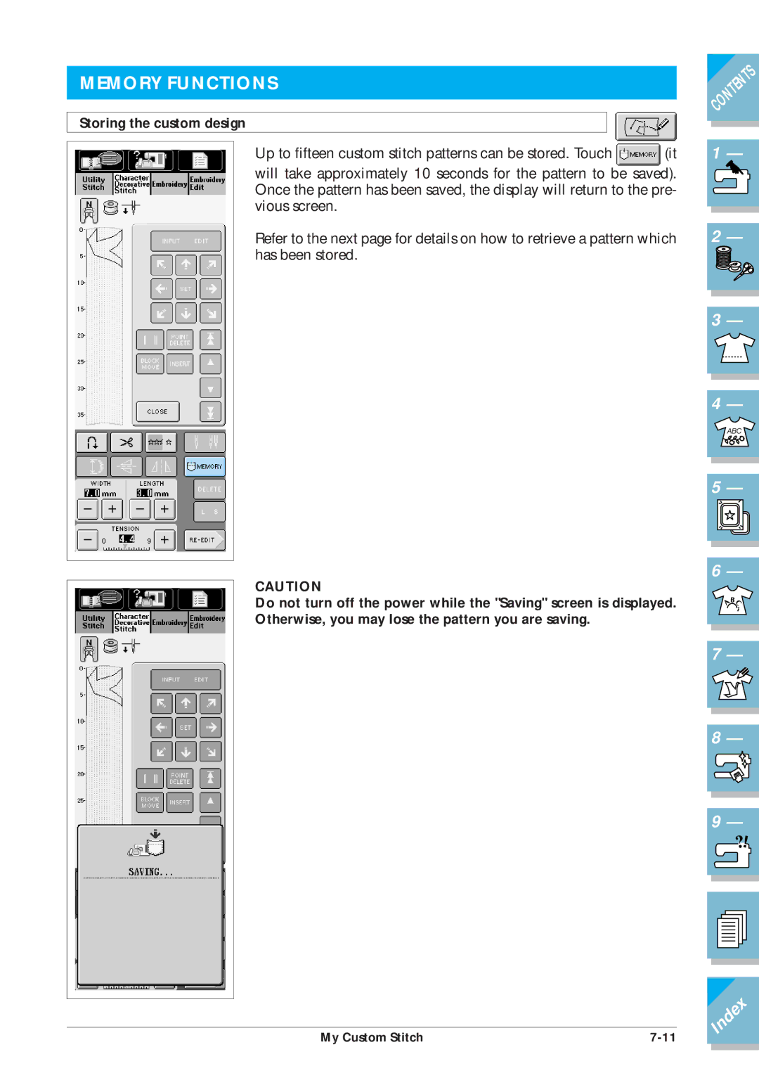 Brother ULT2002D operation manual Memory Functions, Storing the custom design 