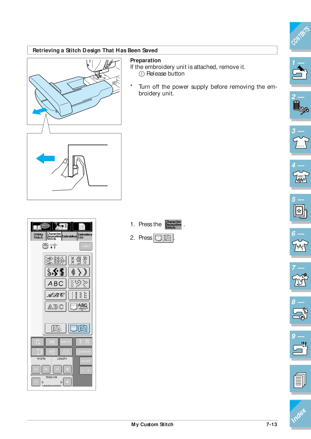 Brother ULT2002D operation manual Retrieving a Stitch Design That Has Been Saved Preparation 