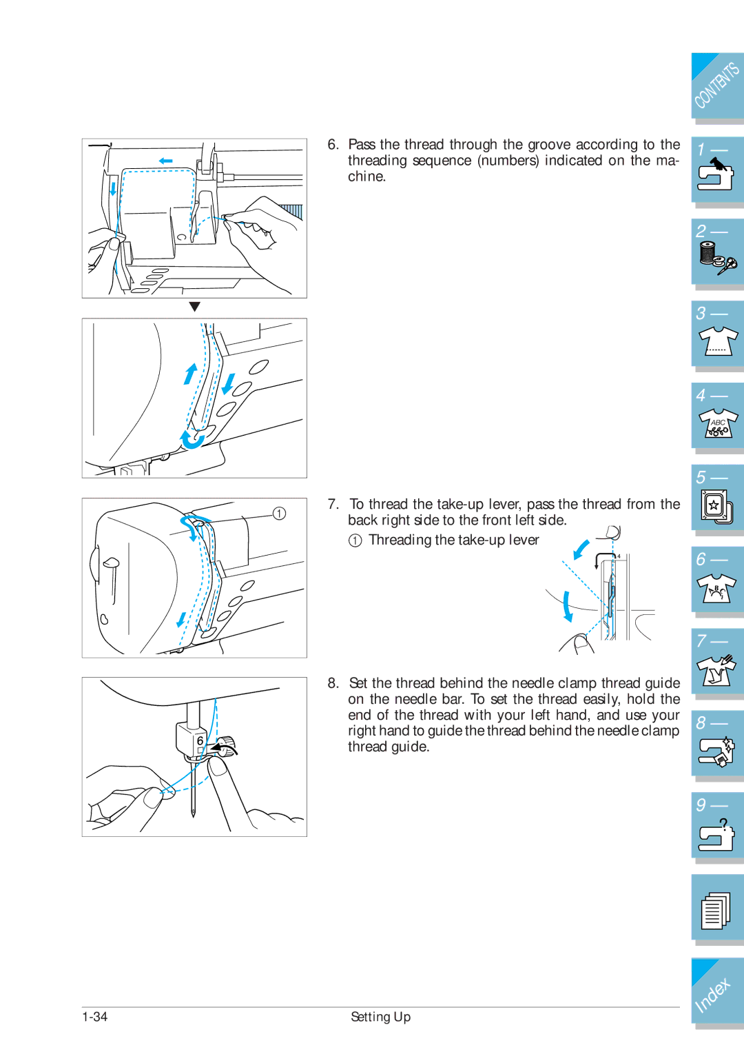 Brother ULT2002D operation manual Pass the thread through the groove according to 