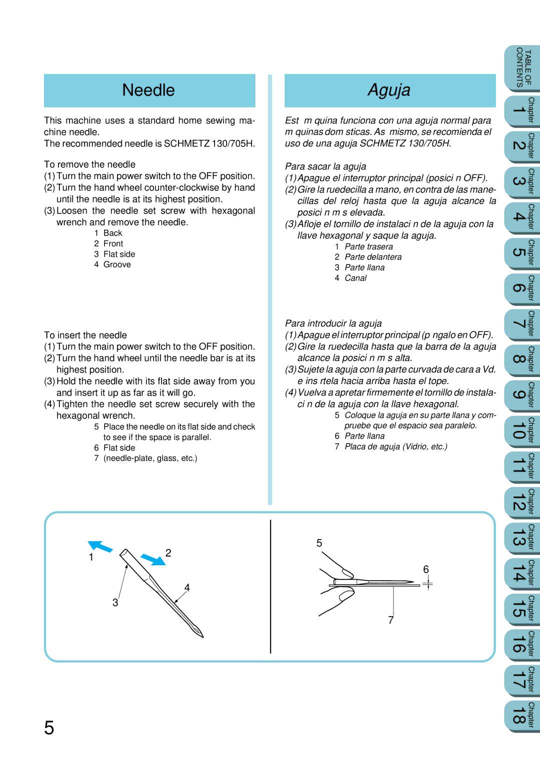 Brother UM 103D manual Needle, Aguja, Para sacar la aguja, Para introducir la aguja 