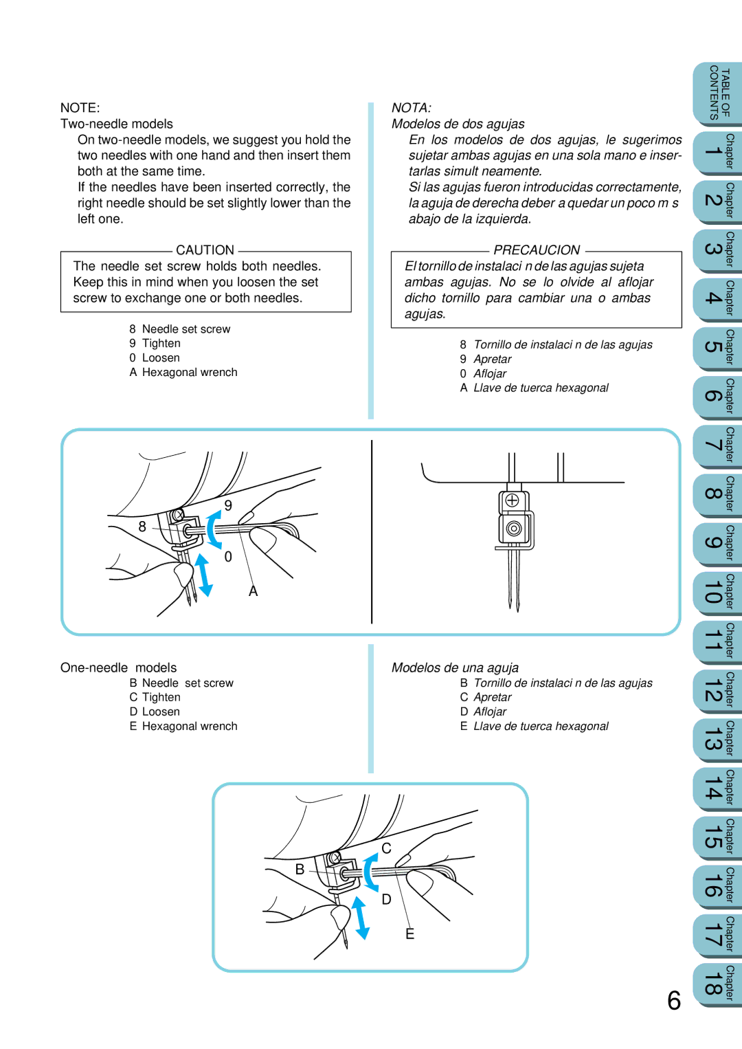 Brother UM 103D manual Two-needle models, Modelos de dos agujas, One-needle models, Modelos de una aguja 