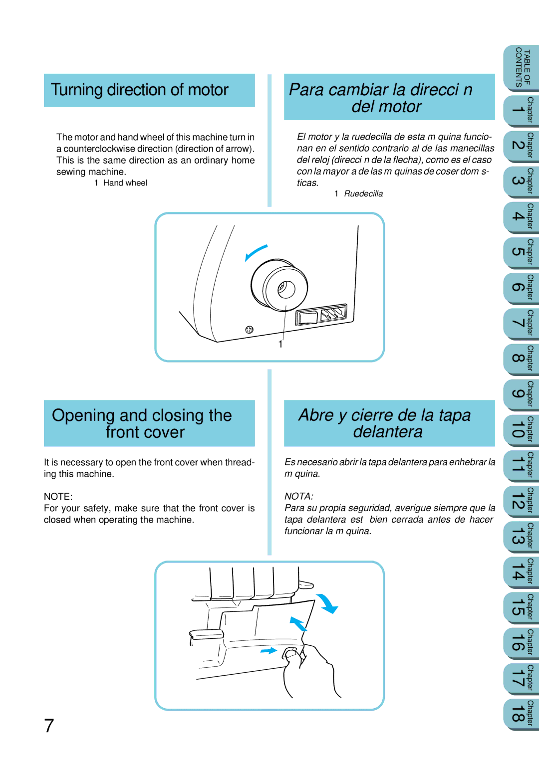 Brother UM 103D manual Turning direction of motor, Opening and closing Front cover, Abre y cierre de la tapa Delantera 