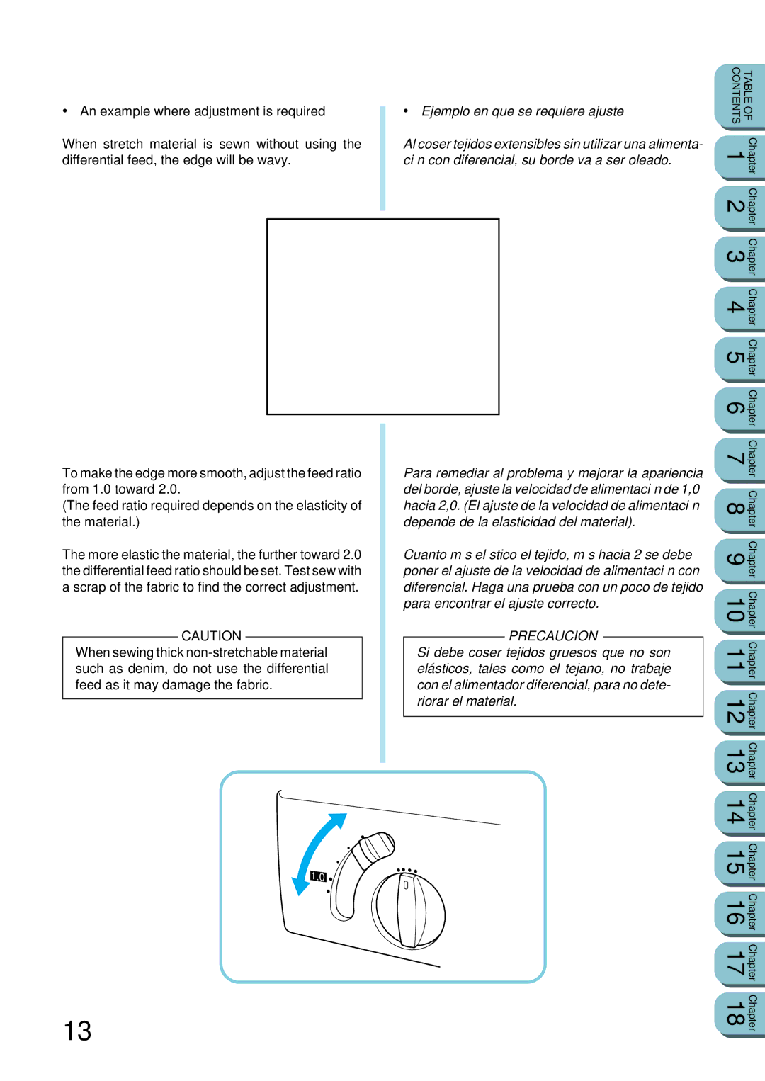 Brother UM 103D manual ∙ Ejemplo en que se requiere ajuste, Ción con diferencial, su borde va a ser oleado 