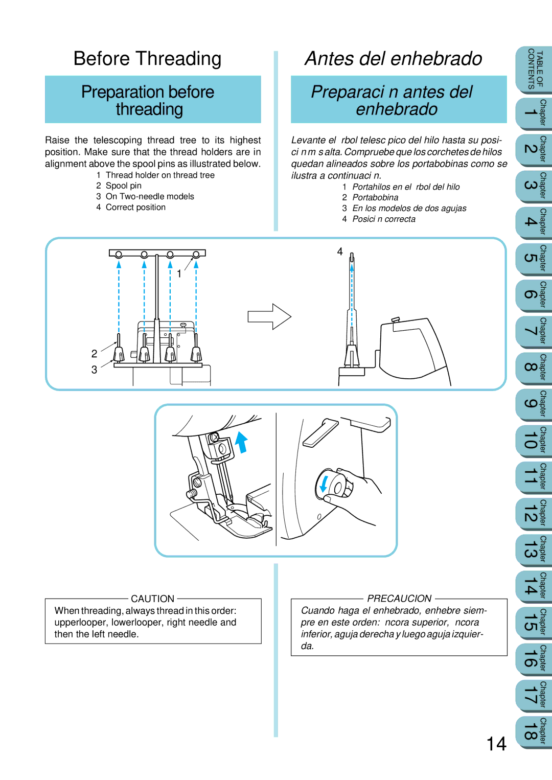 Brother UM 103D manual Before Threading, Antes del enhebrado, Preparation before Threading, Preparación antes del enhebrado 