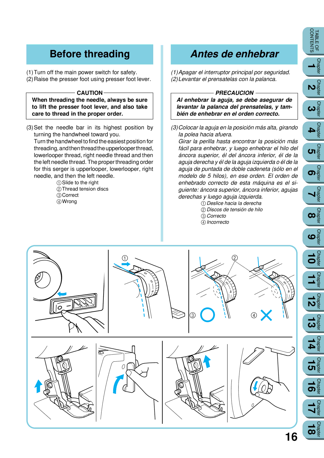 Brother UM 103D manual Before threading, Antes de enhebrar 