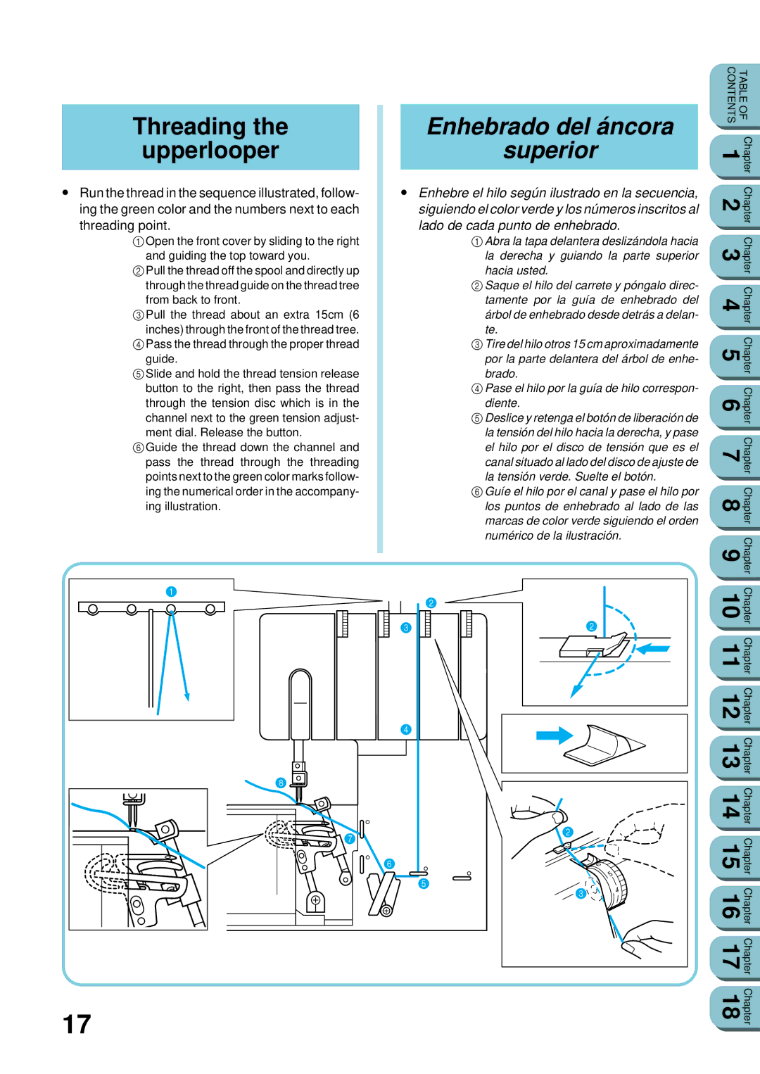 Brother UM 103D manual Threading Upperlooper, Enhebrado del áncora superior 