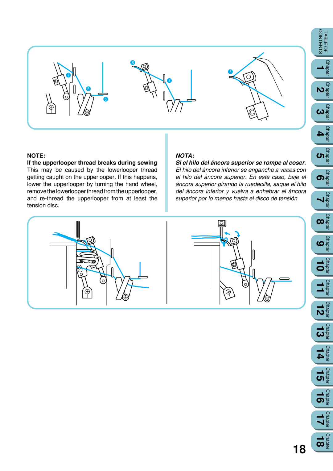 Brother UM 103D manual If the upperlooper thread breaks during sewing, Si el hilo del áncora superior se rompe al coser 