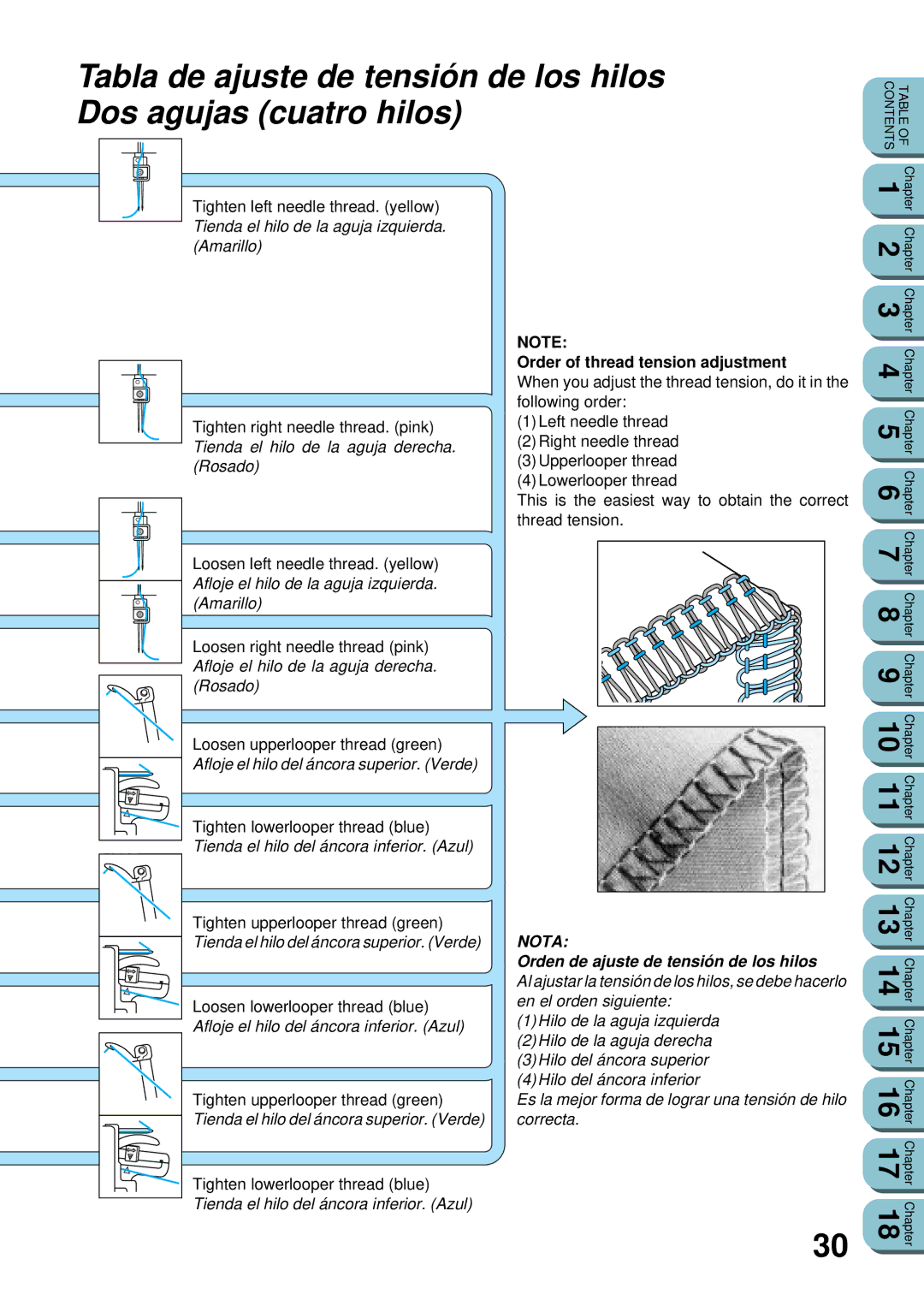 Brother UM 103D manual Order of thread tension adjustment, Orden de ajuste de tensión de los hilos, En el orden siguiente 