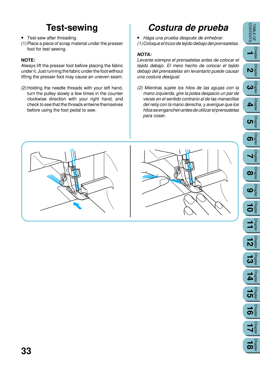 Brother UM 103D manual Test-sewing, Costura de prueba 