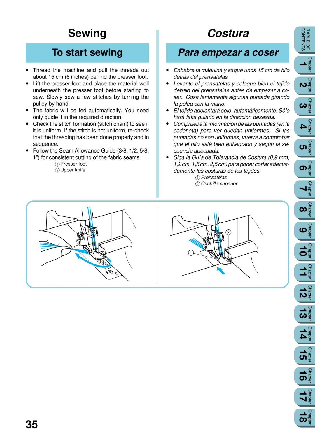 Brother UM 103D manual Sewing, Costura, To start sewing, Para empezar a coser 