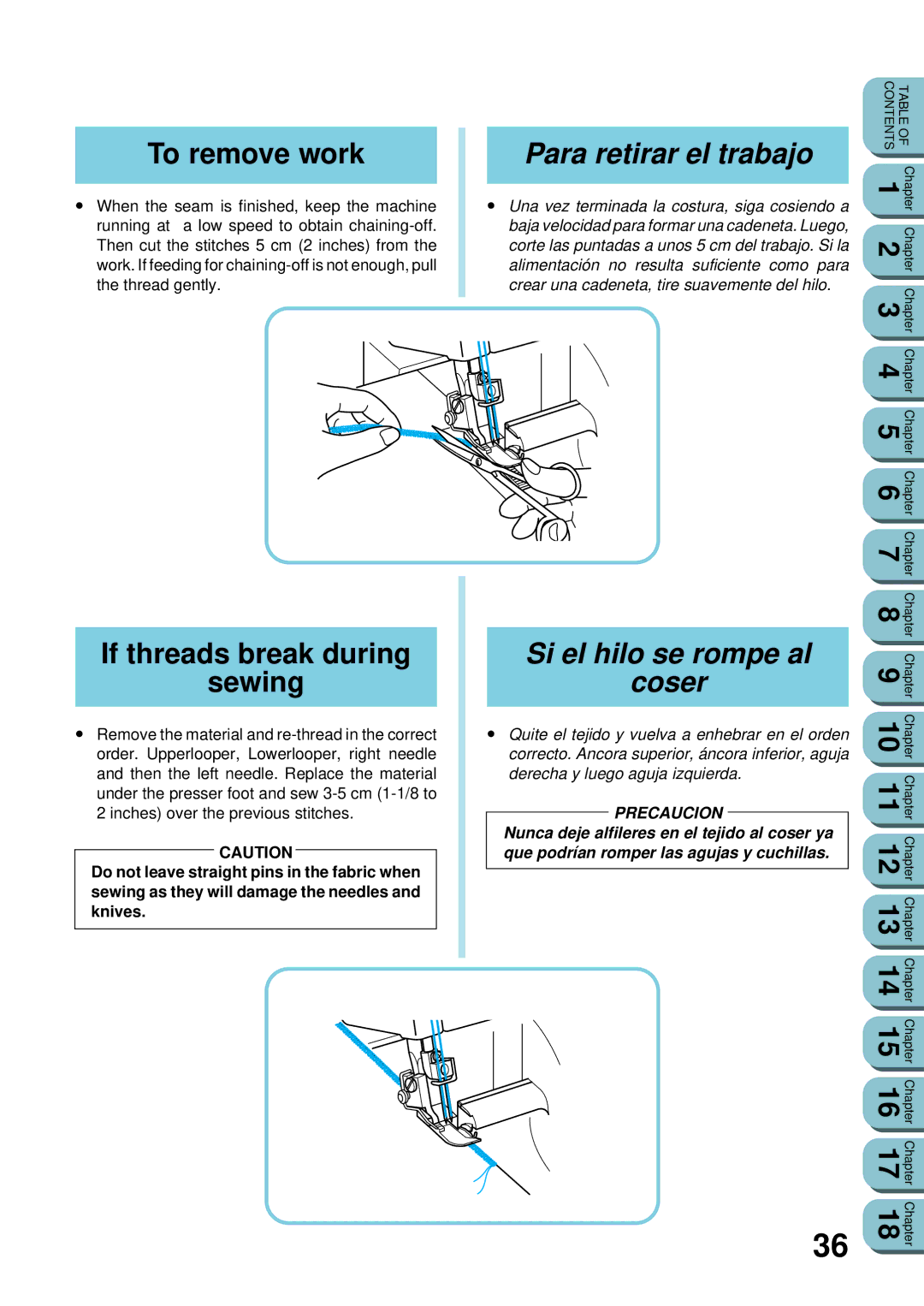 Brother UM 103D To remove work, If threads break during Sewing, Para retirar el trabajo, Si el hilo se rompe al Coser 