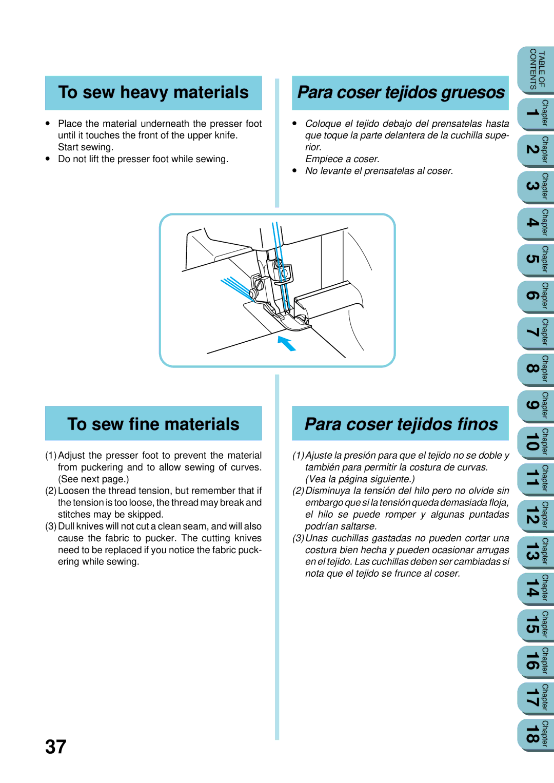 Brother UM 103D manual To sew heavy materials, To sew fine materials, Para coser tejidos gruesos, Para coser tejidos finos 