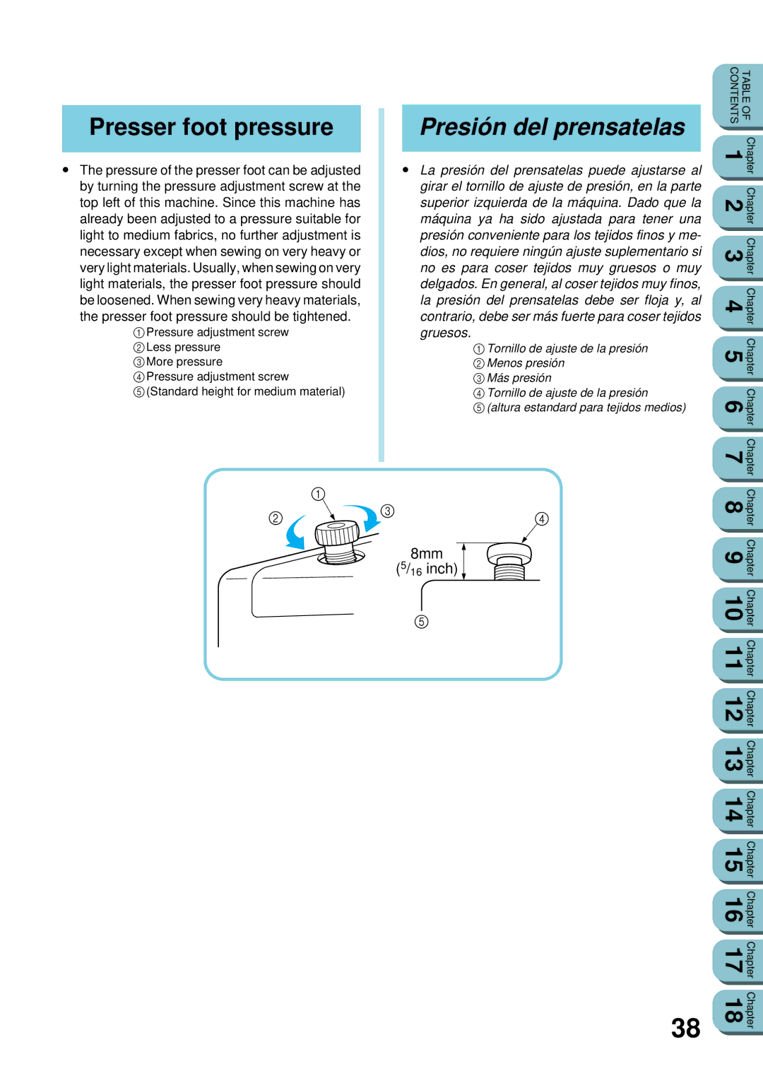 Brother UM 103D manual Presser foot pressure, Presión del prensatelas 