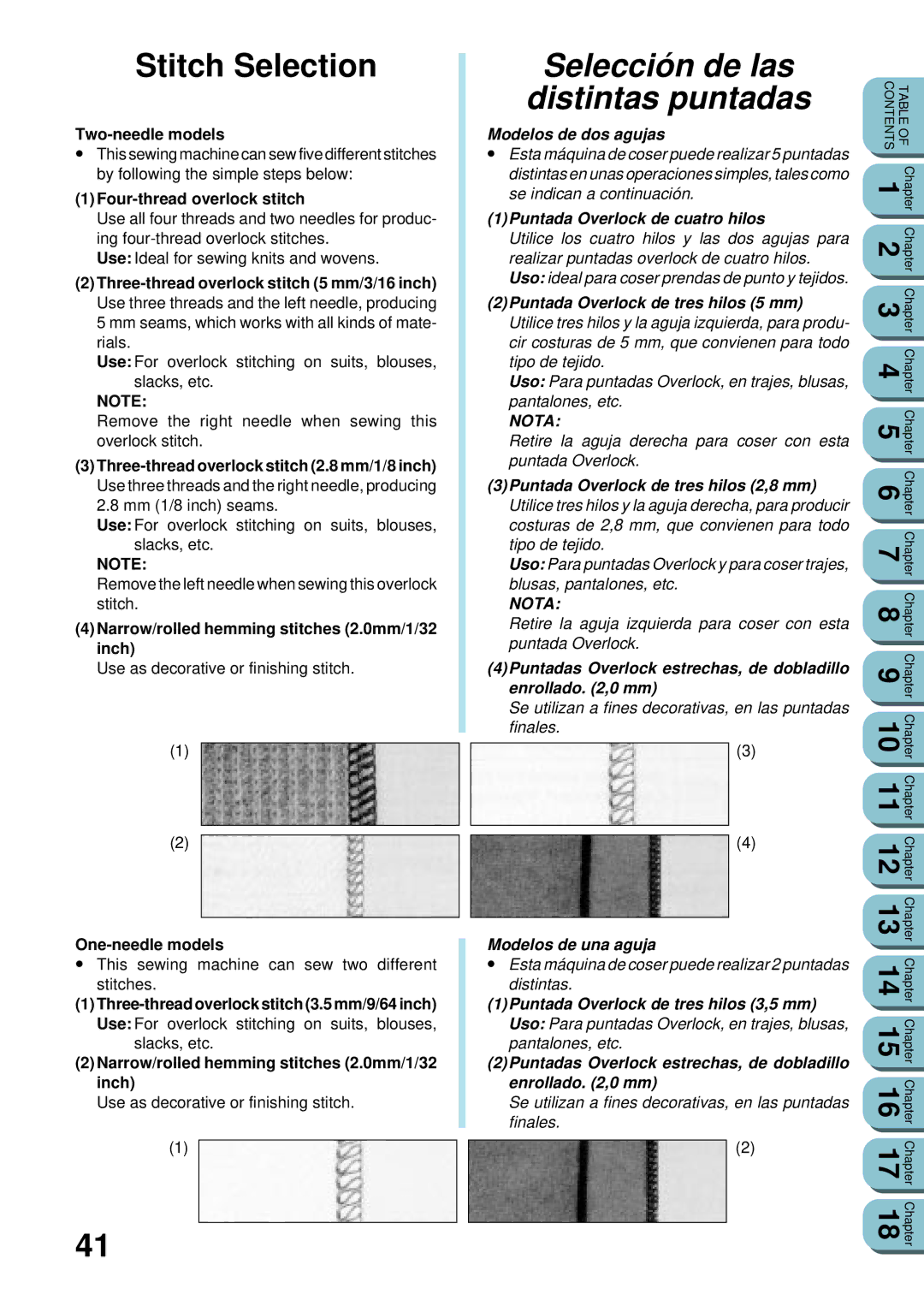 Brother UM 103D manual Stitch Selection, Selección de las distintas puntadas, Puntada Overlock de cuatro hilos 