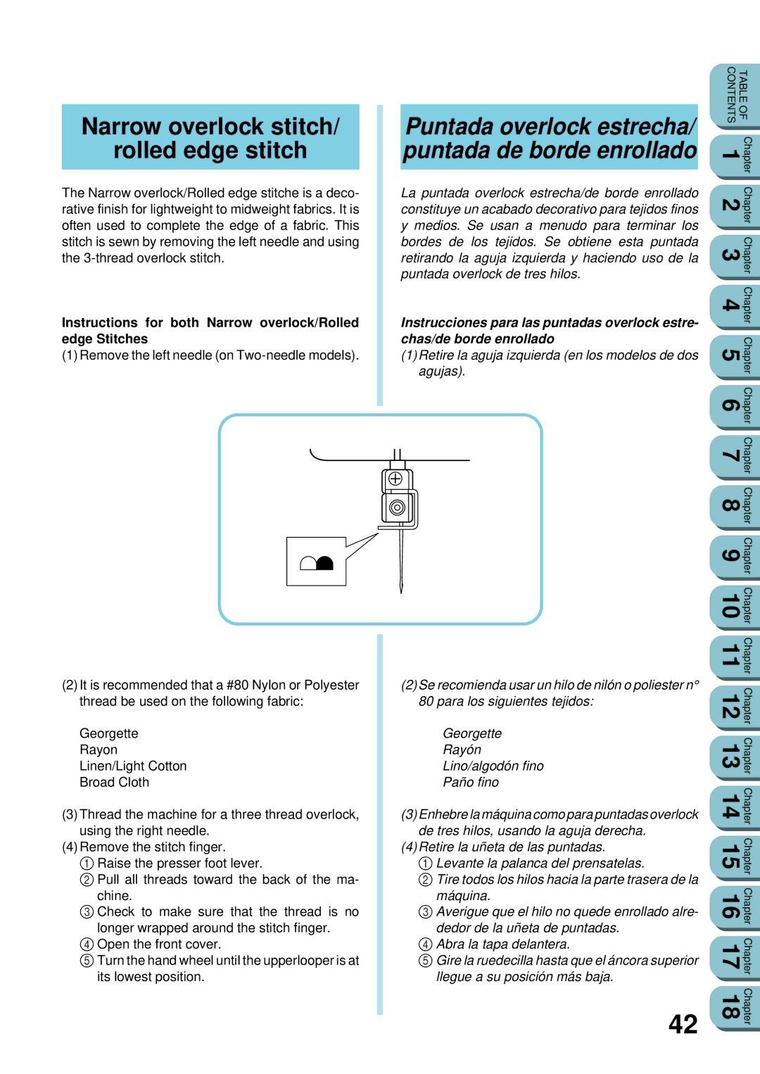 Brother UM 103D Narrow overlock stitch Rolled edge stitch, Instructions for both Narrow overlock/Rolled edge Stitches 