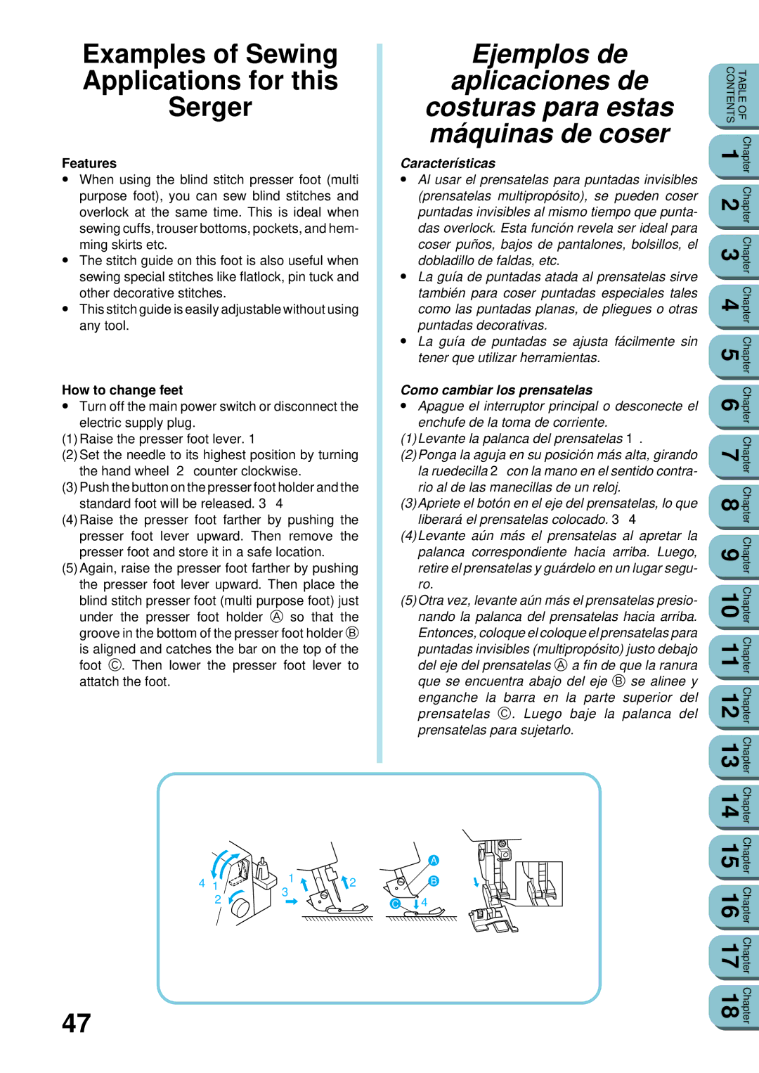 Brother UM 103D manual Features, How to change feet, Características, Como cambiar los prensatelas 