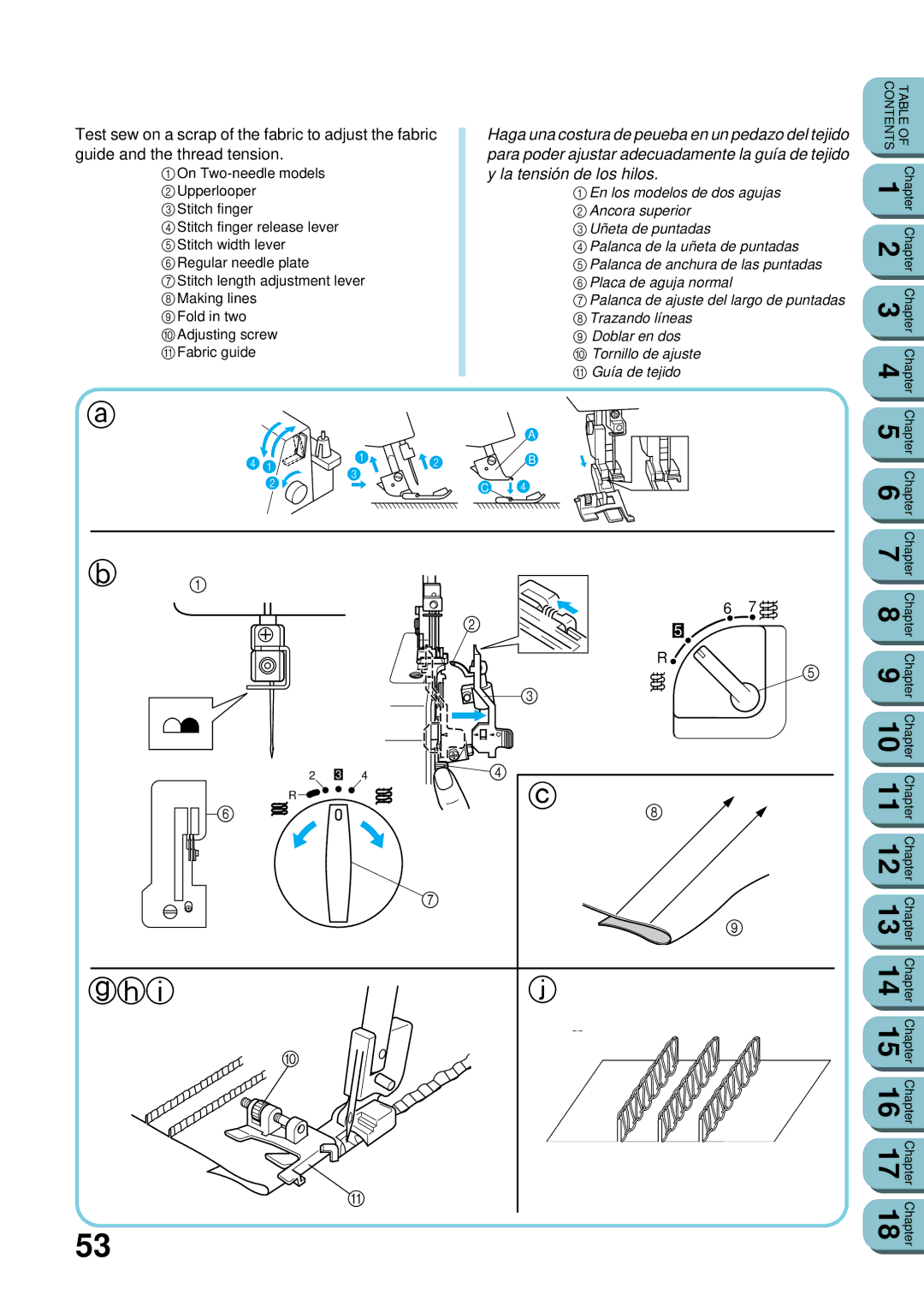 Brother UM 103D manual Test sew on a scrap of the fabric to adjust the fabric, Guide and the thread tension 