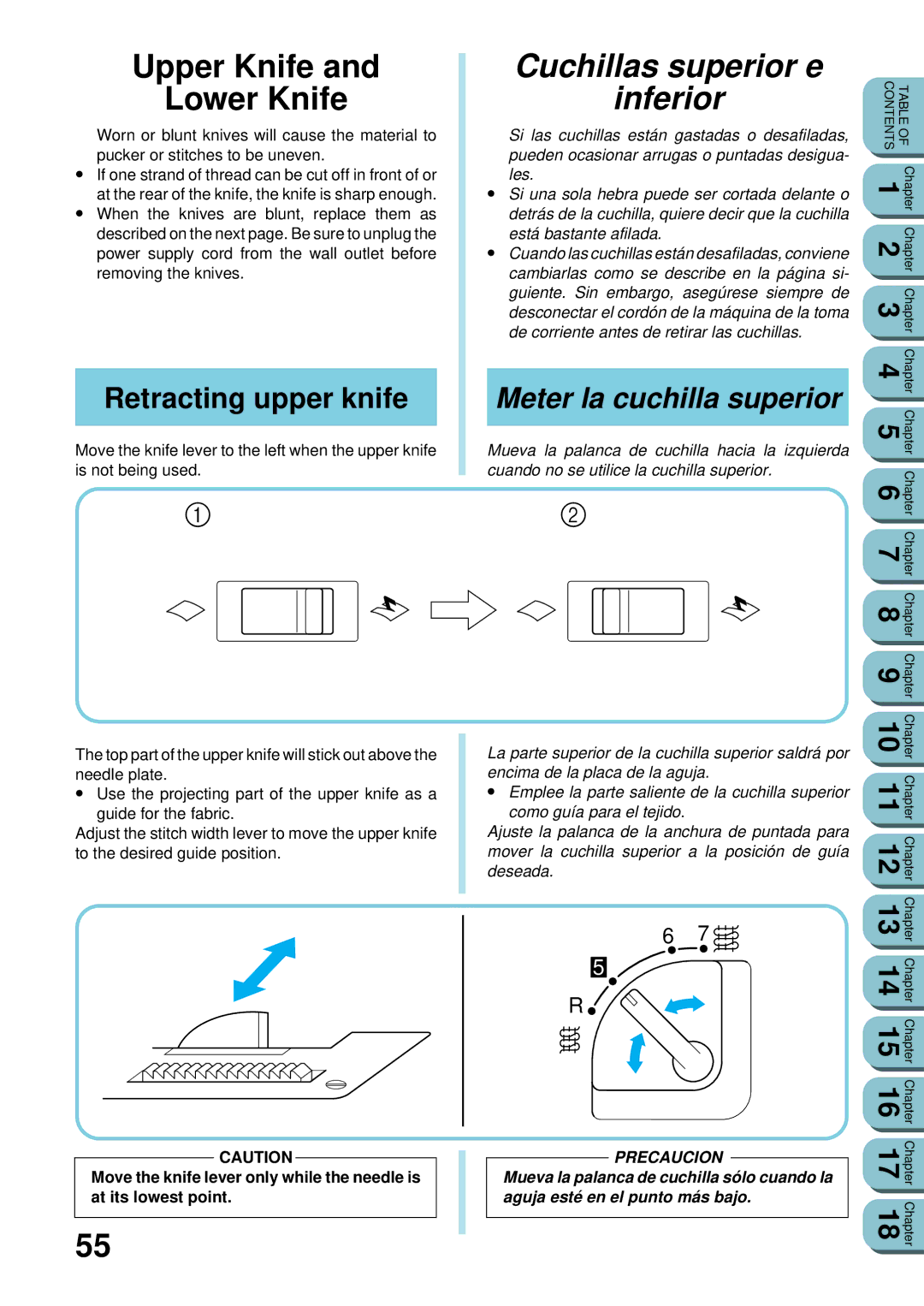 Brother UM 103D Upper Knife Lower Knife, Cuchillas superior e Inferior, Retracting upper knife, Meter la cuchilla superior 