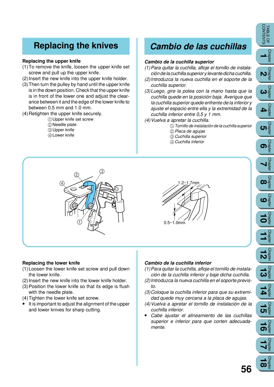 Brother UM 103D manual Replacing the knives, Cambio de las cuchillas, Cambio de la cuchilla superior 