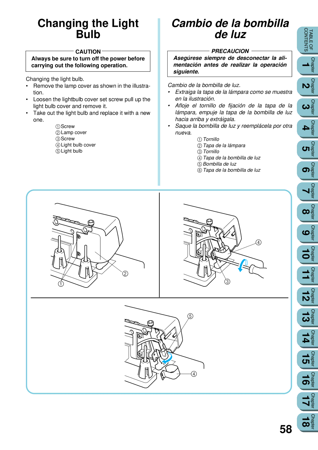 Brother UM 103D manual Changing the Light Bulb, Cambio de la bombilla De luz 