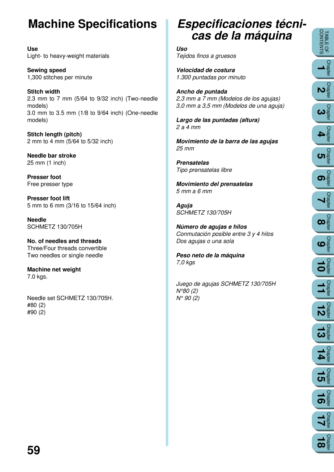 Brother UM 103D manual Machine Specifications, Especificaciones técni Cas de la máquina 