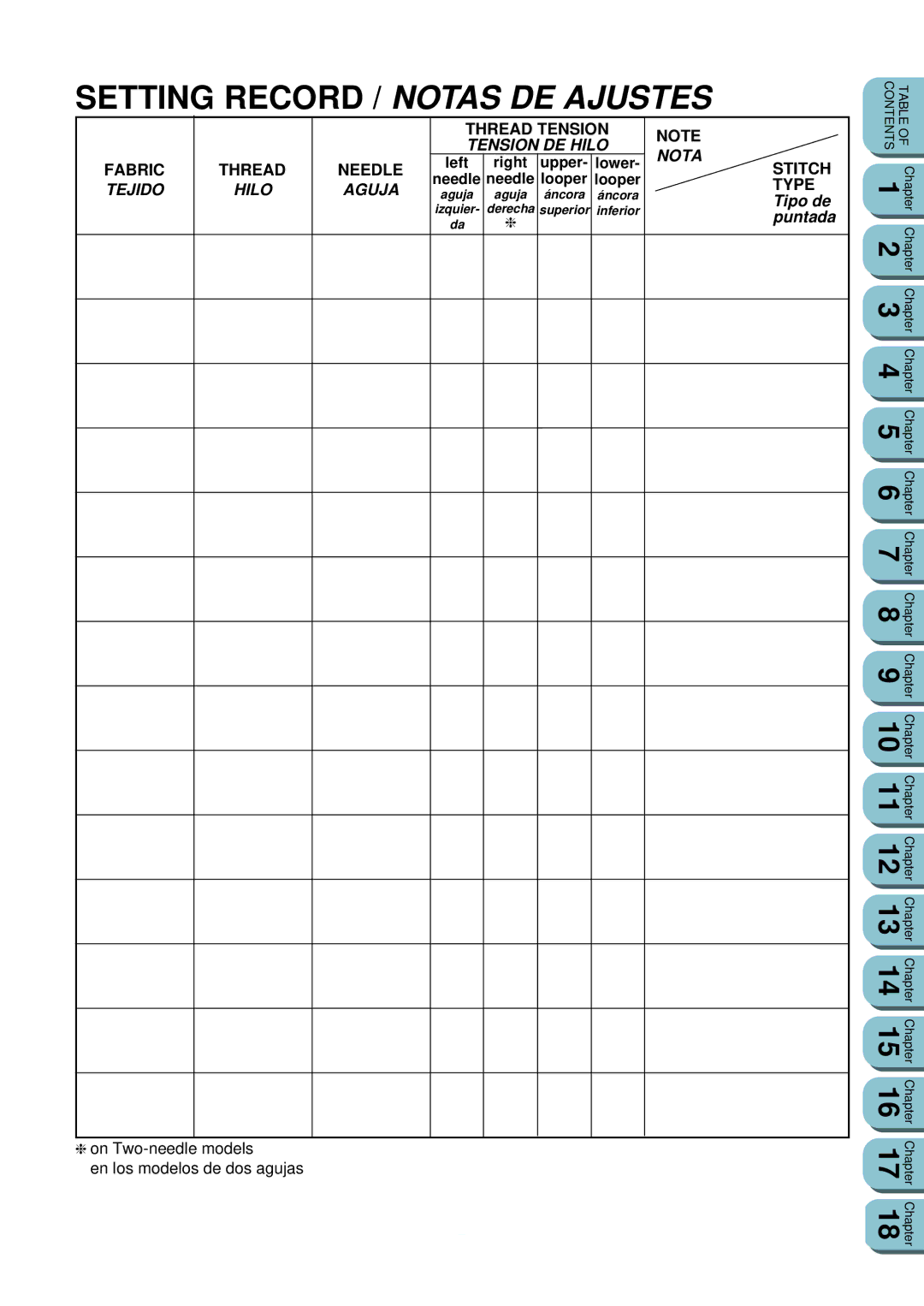 Brother UM 103D manual Setting Record / Notas DE Ajustes, Tipo de 