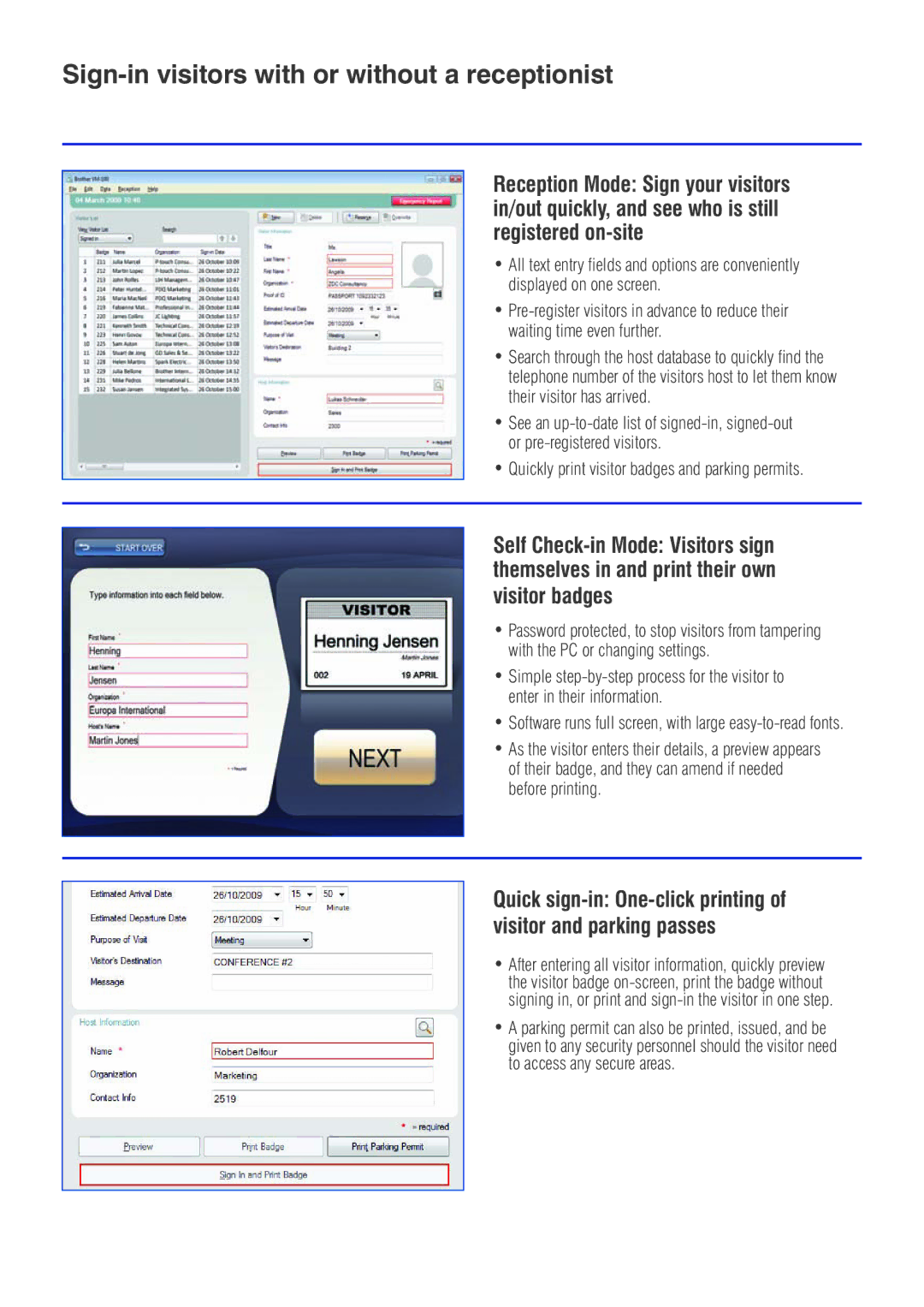 Brother VM-100 manual Sign-in visitors with or without a receptionist, Visitor badges 