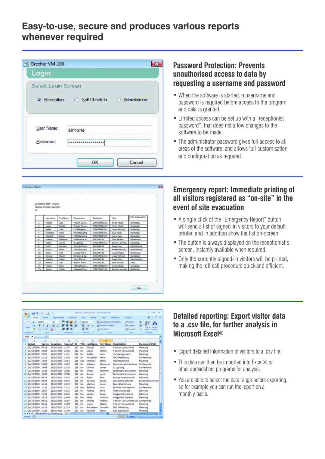 Brother VM-100 manual Requesting a username and password, Event of site evacuation, Microsoft Excel 