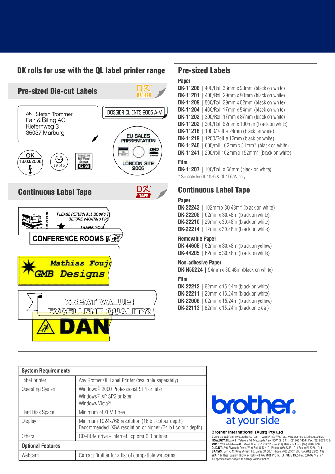 Brother VM-100 manual Pre-sized Labels, Pre-sized Die-cut Labels, Continuous Label Tape 