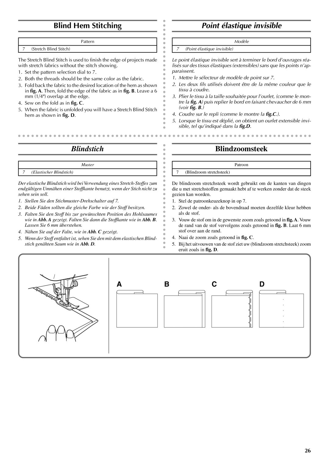 Brother VX 1400 operation manual Blind Hem Stitching, Point élastique invisible, Blindstich Blindzoomsteek 