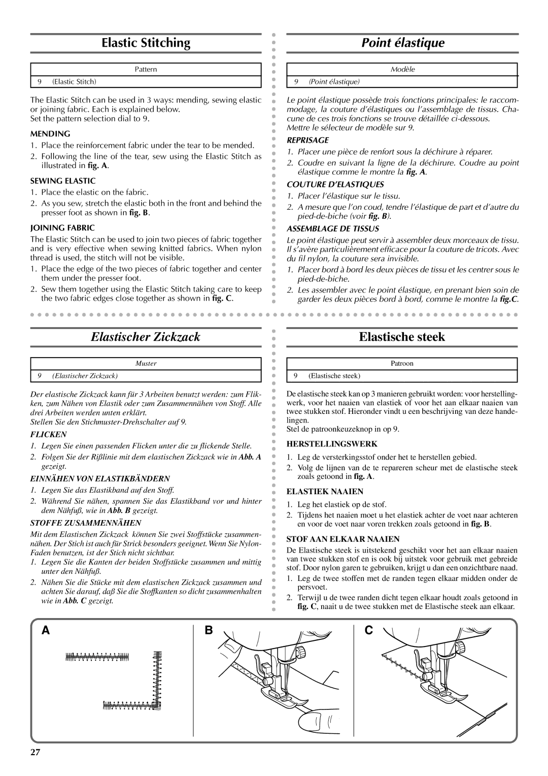 Brother VX 1400 operation manual Elastic Stitching, Point élastique, Elastischer Zickzack Elastische steek 