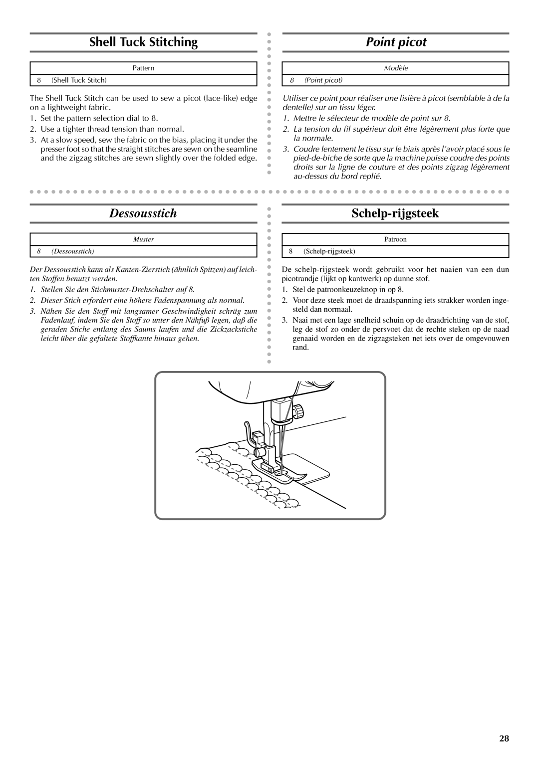 Brother VX 1400 operation manual Shell Tuck Stitching, Point picot, Dessousstich Schelp-rijgsteek 