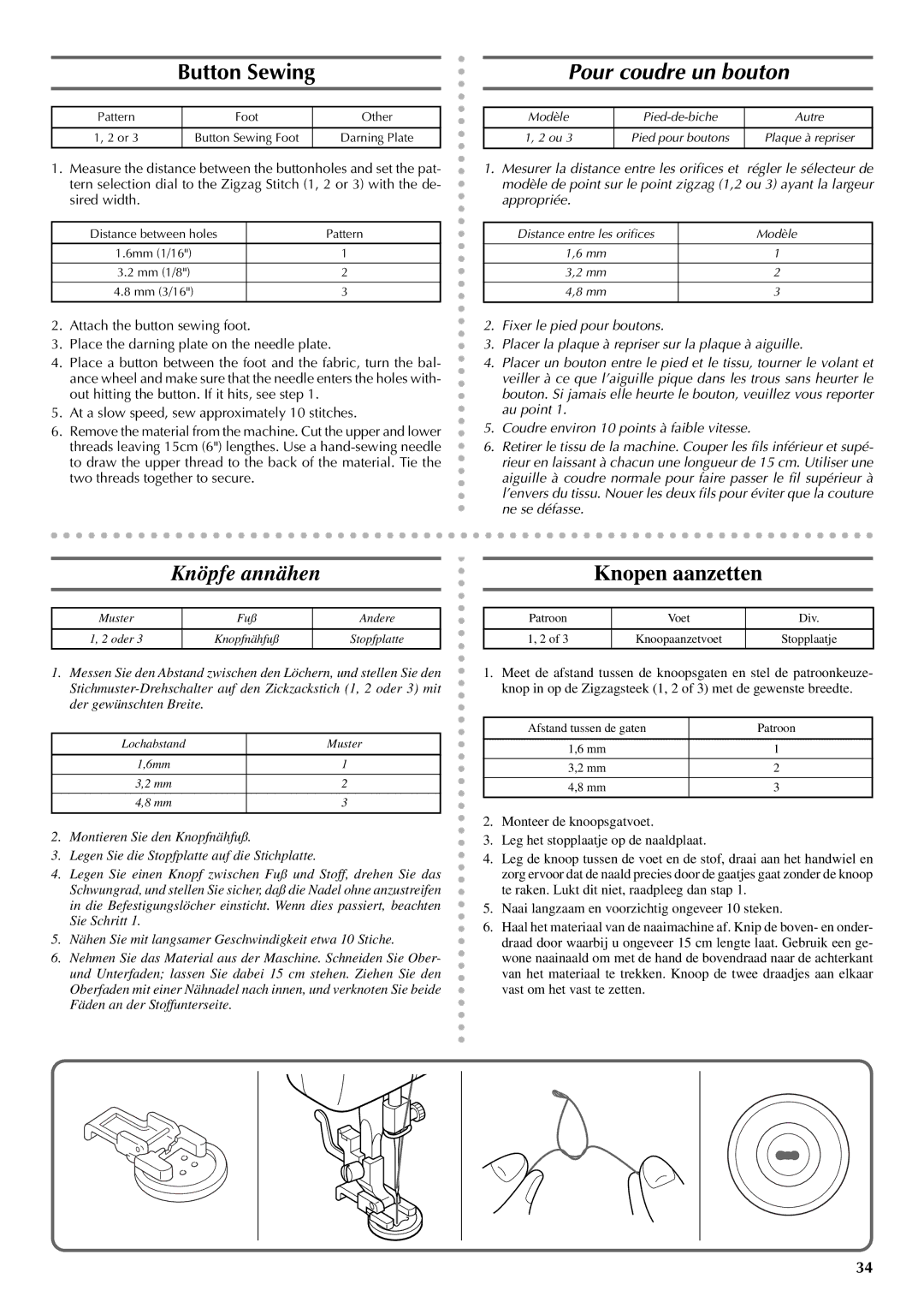 Brother VX 1400 operation manual Button Sewing, Pour coudre un bouton, Knöpfe annähen, Knopen aanzetten 