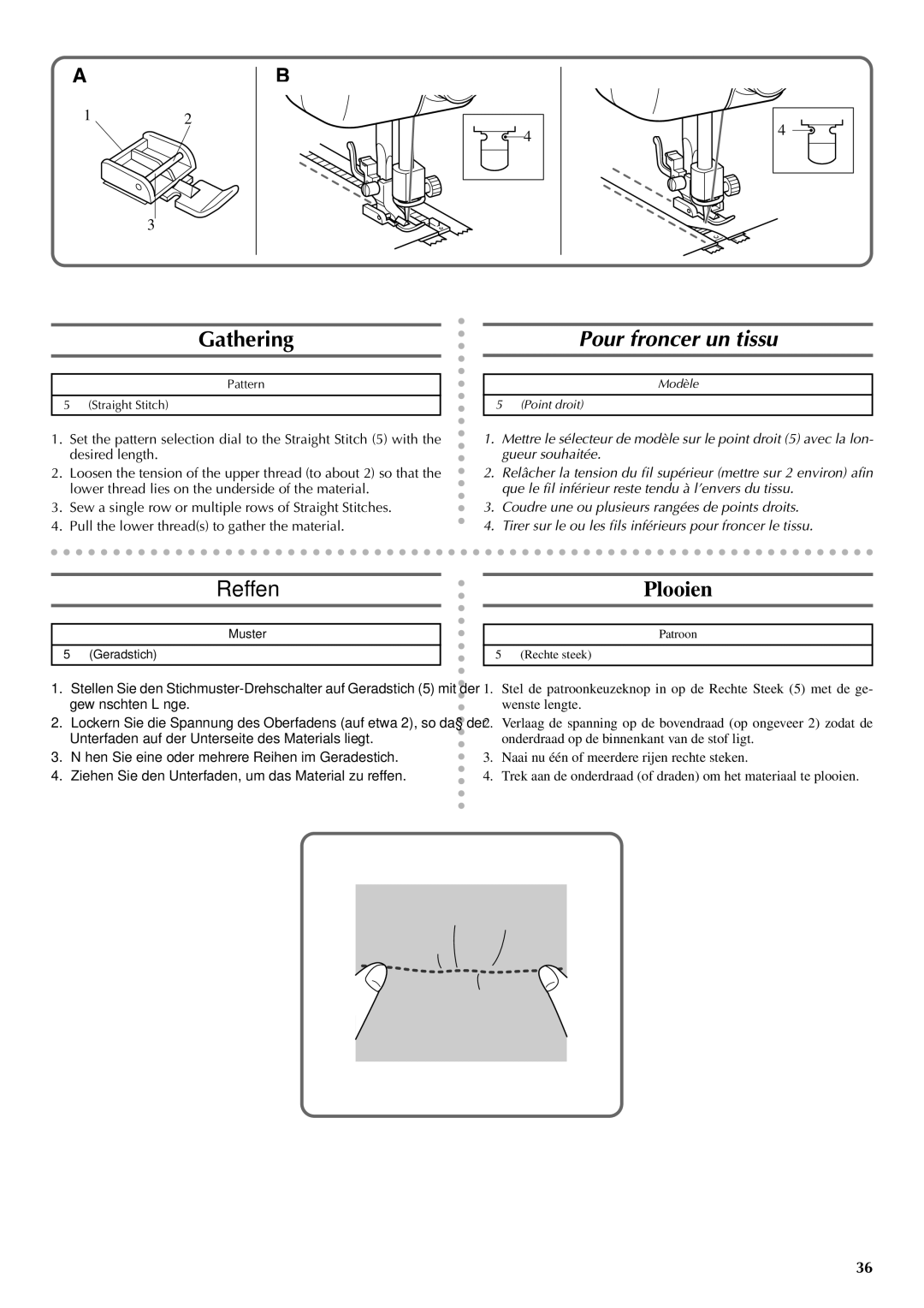 Brother VX 1400 operation manual Gathering, Pour froncer un tissu, Reffen Plooien 