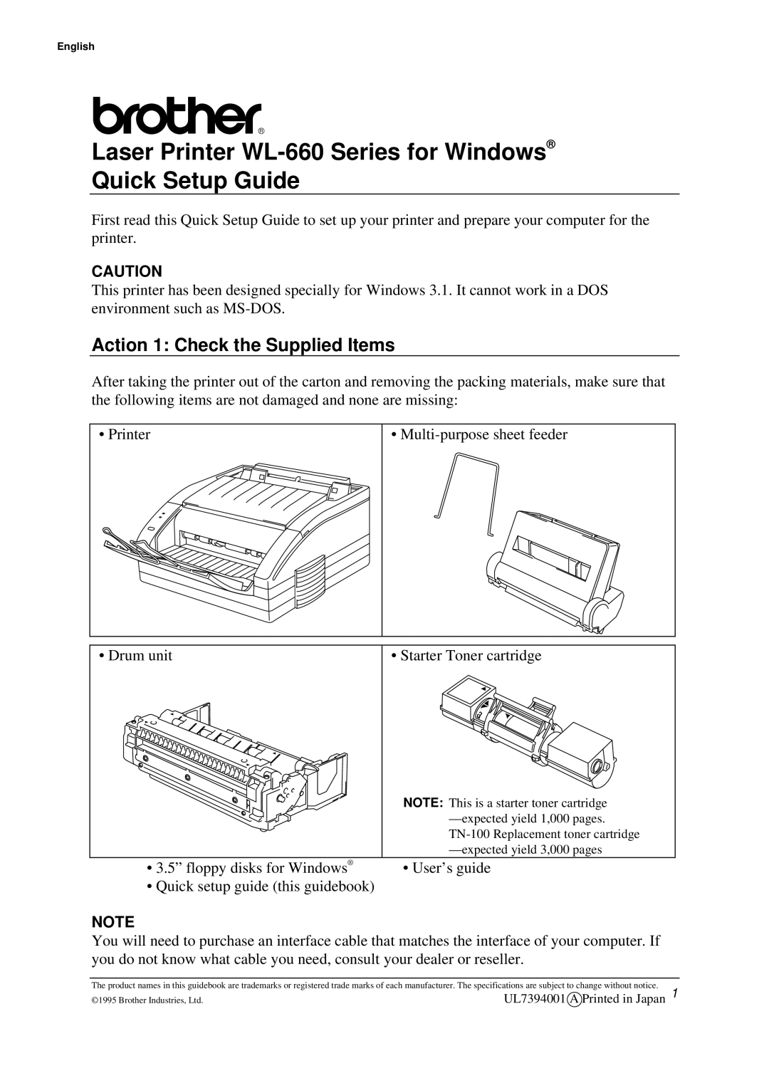 Brother setup guide Laser Printer WL-660 Series for Windows Quick Setup Guide, Action 1 Check the Supplied Items 