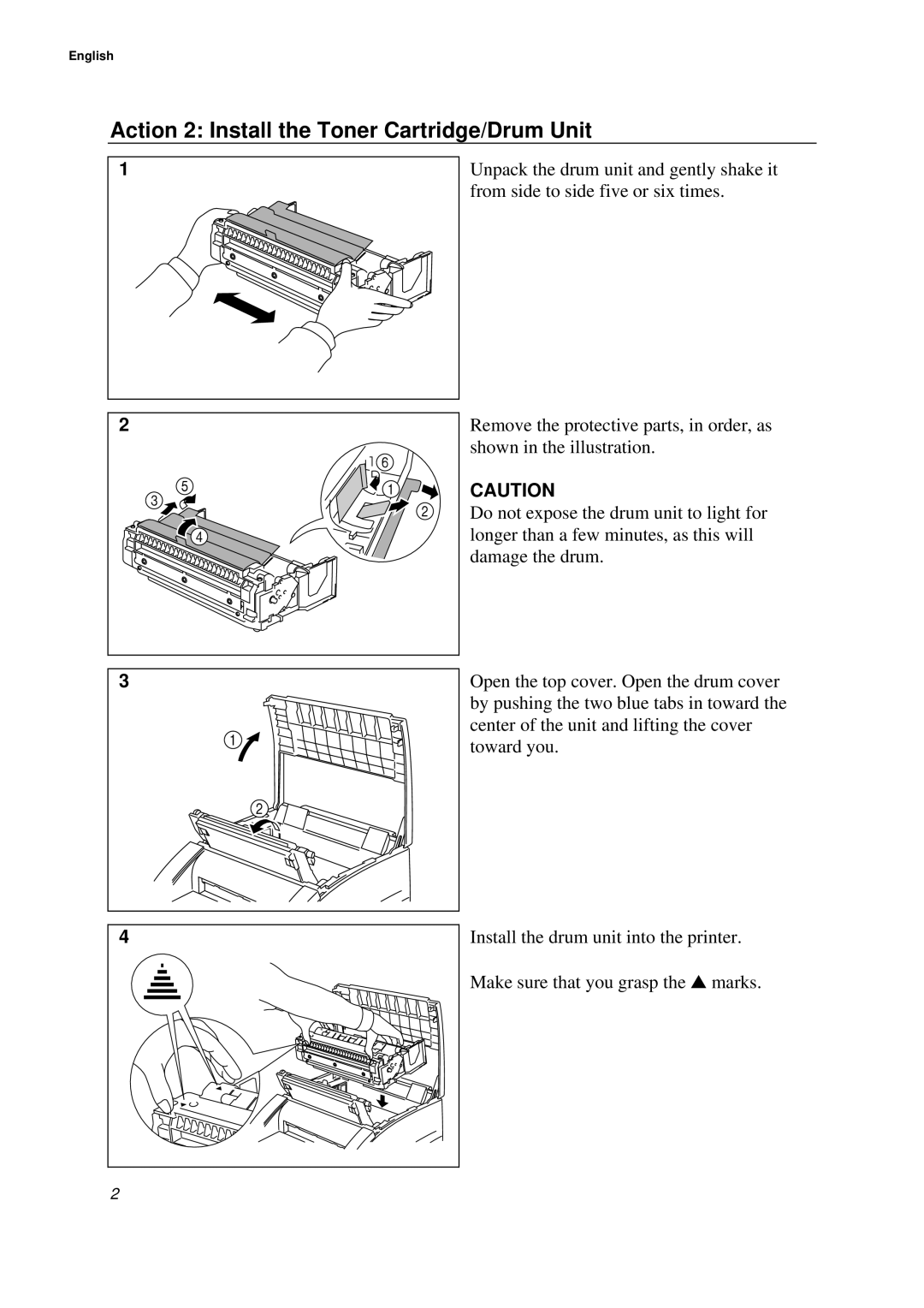 Brother WL-660 Series setup guide Action 2 Install the Toner Cartridge/Drum Unit 