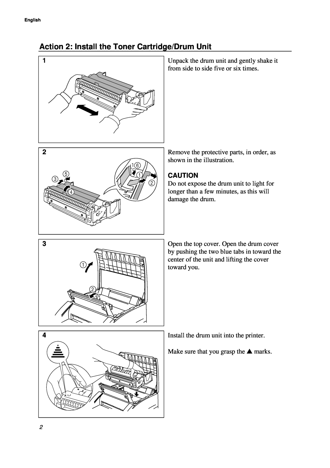 Brother WL-660 Series setup guide Action 2 Install the Toner Cartridge/Drum Unit 