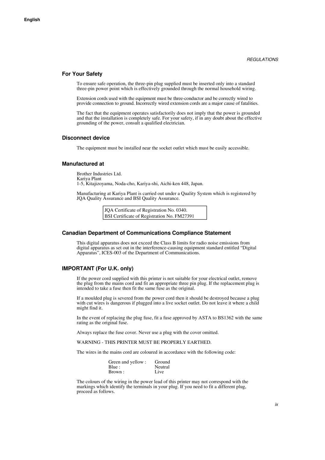 Brother WL660 manual For Your Safety, Disconnect device, Manufactured at, Important For U.K. only 