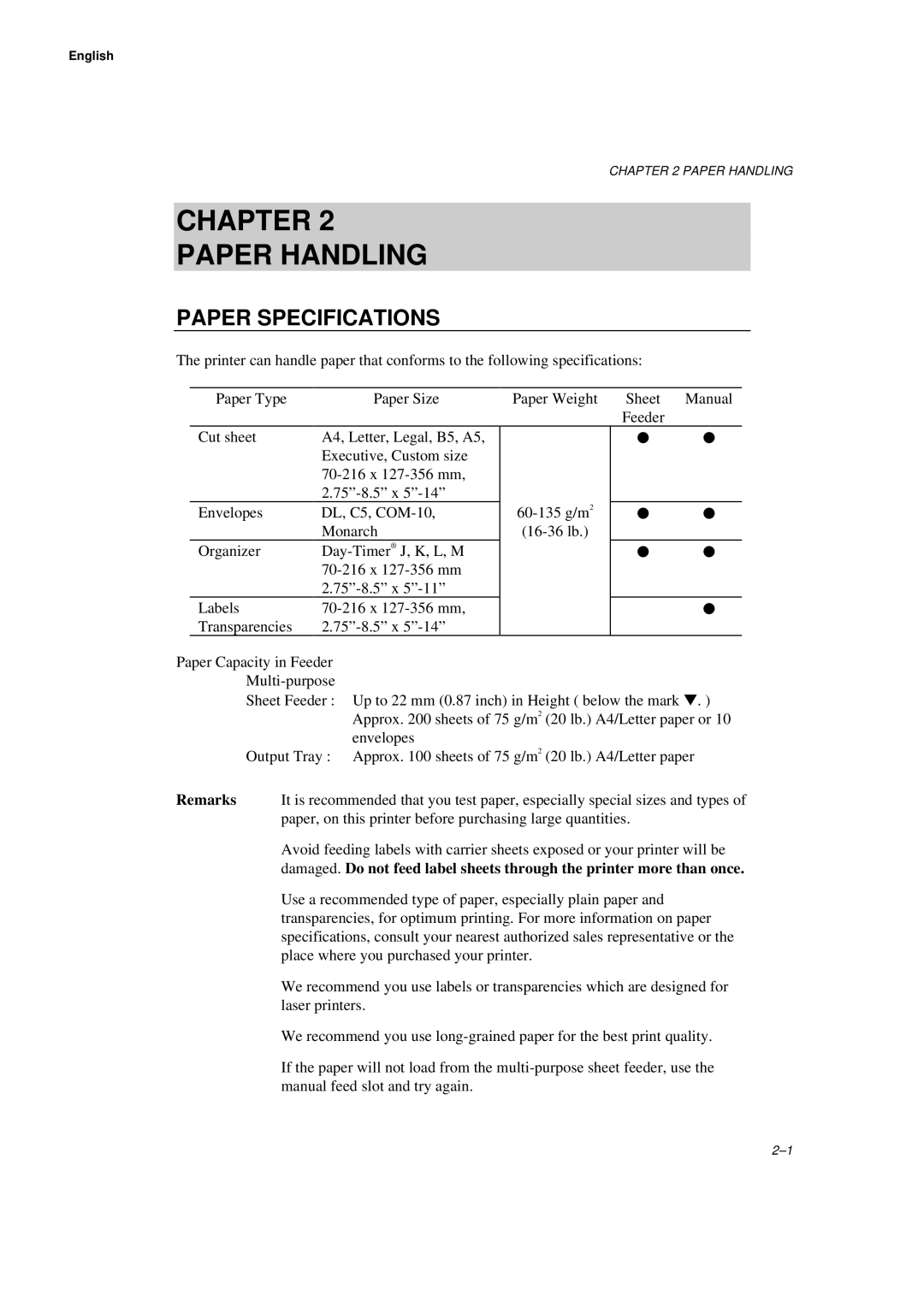 Brother WL660 manual Chapter Paper Handling, Paper Specifications 