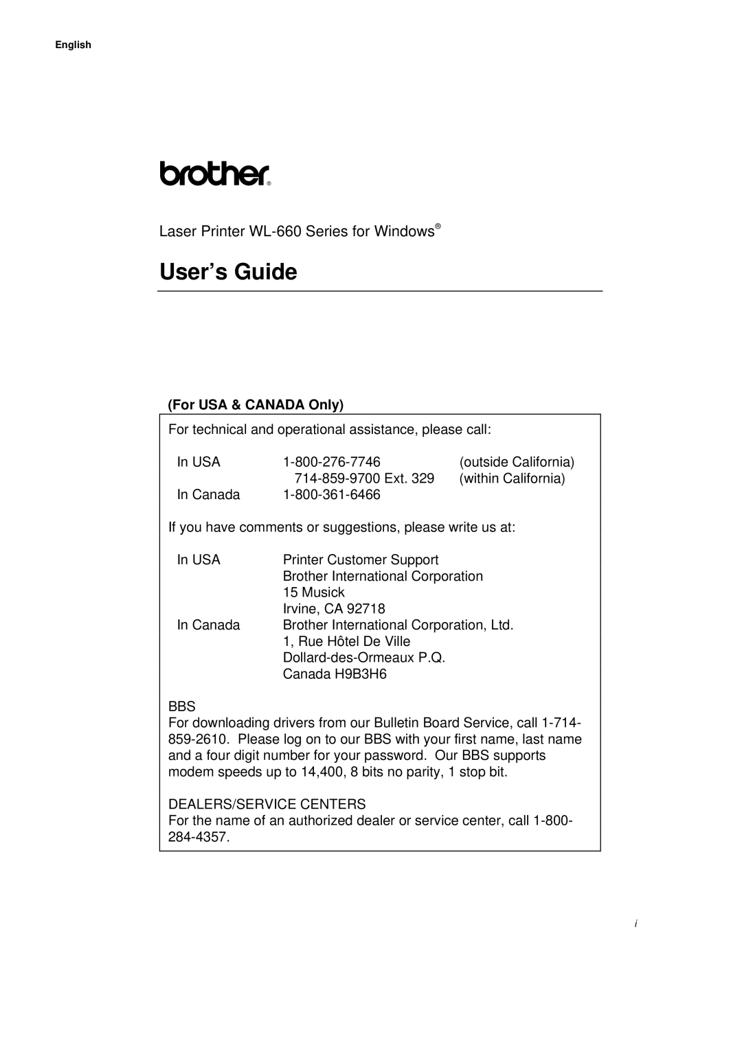 Brother WL660 manual User’s Guide 