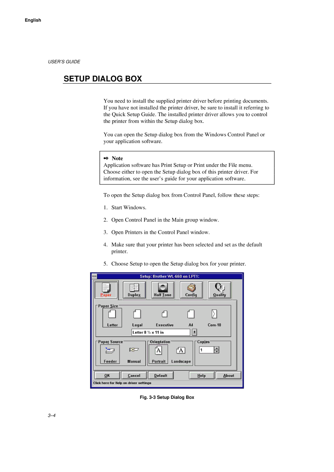 Brother WL660 manual Setup Dialog BOX, Setup Dialog Box 