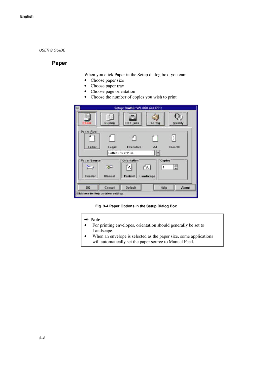 Brother WL660 manual Paper Options in the Setup Dialog Box 