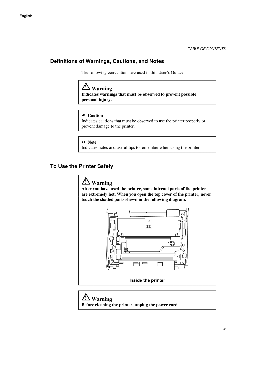 Brother WL660 manual Definitions of Warnings, Cautions, and Notes, To Use the Printer Safely, Inside the printer 