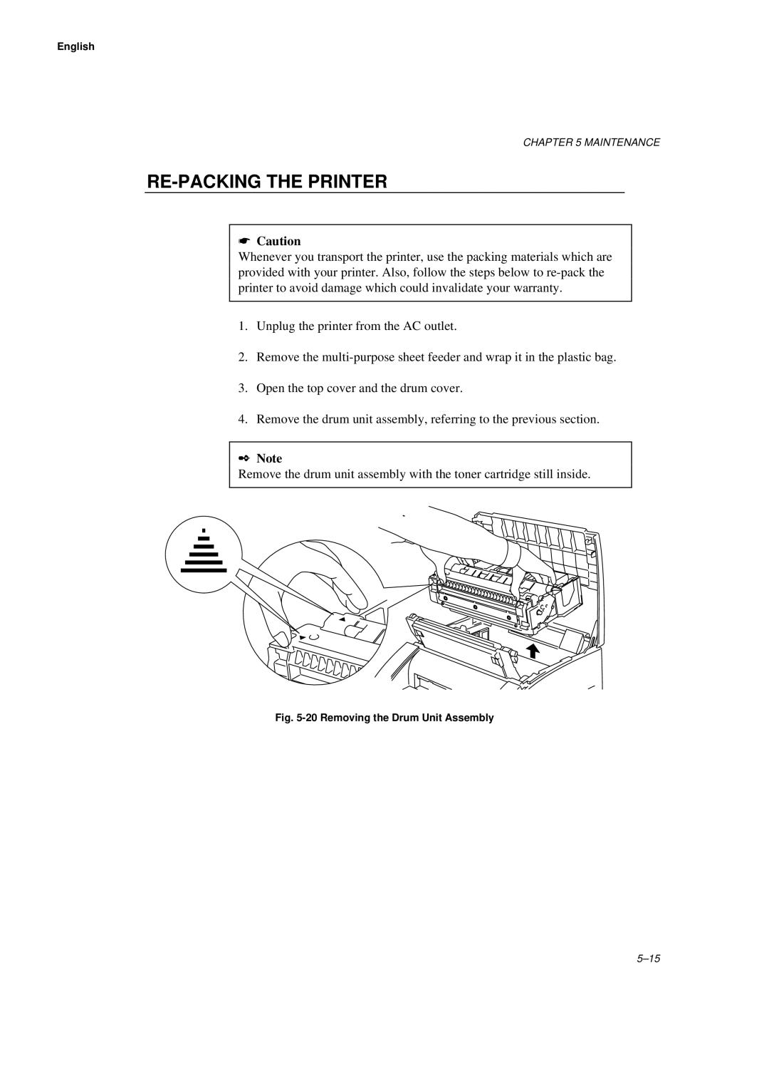 Brother WL660 manual RE-PACKING the Printer, Removing the Drum Unit Assembly 