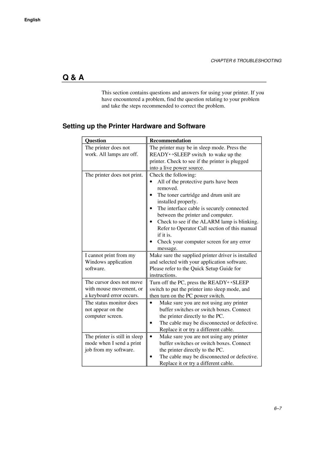 Brother WL660 manual Setting up the Printer Hardware and Software, Question, Recommendation 